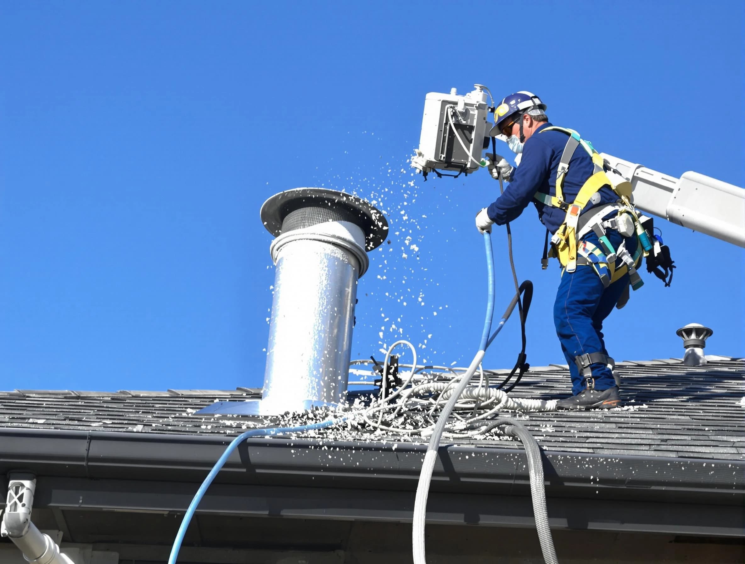 Everett Dryer Vent Cleaning certified technician safely cleaning a roof-mounted dryer vent in Everett